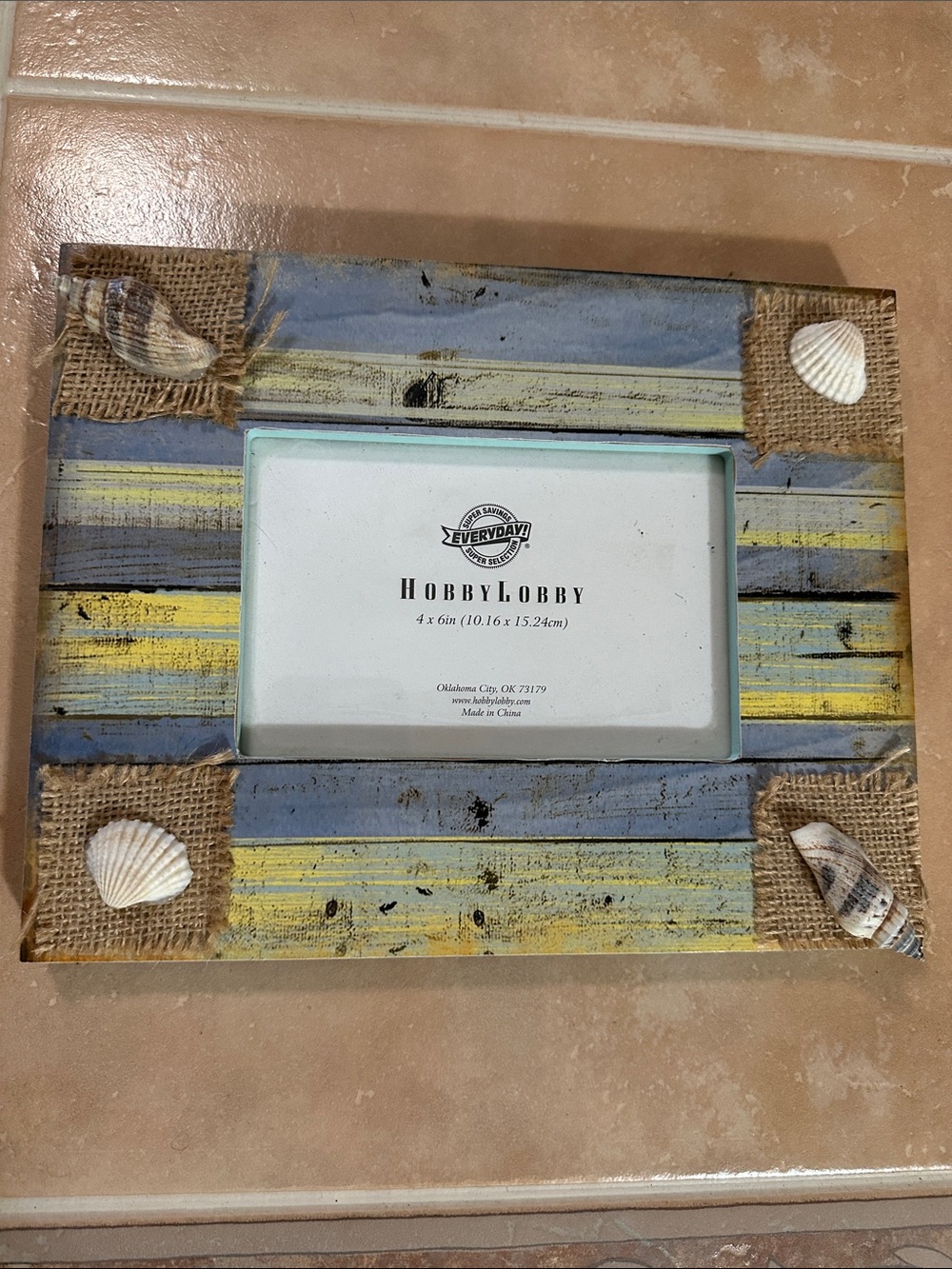 Hobby Lobby Blue and Yellow Striped Coastal Photo Frame with Shell Accents